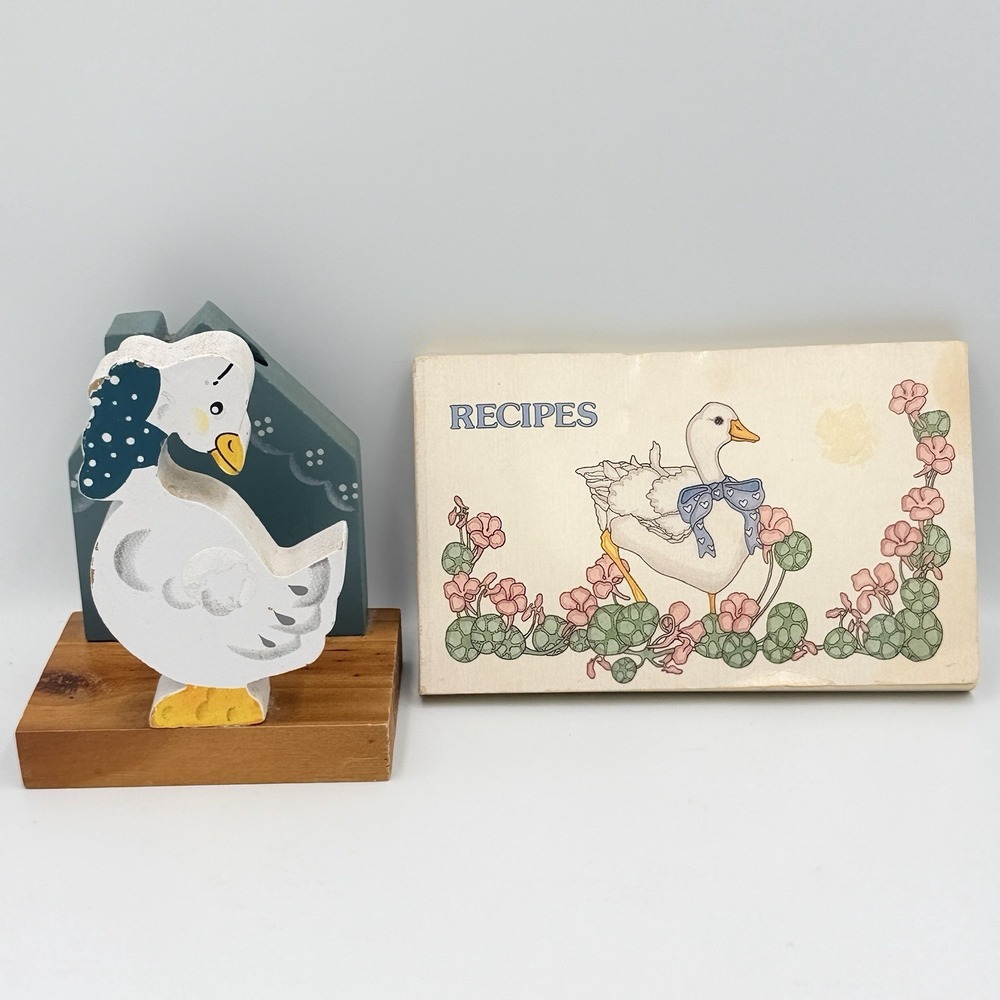 VTG Wooden Goose Book‎ Notepad Holder Pen Stand with Recipe Book Country Cottage